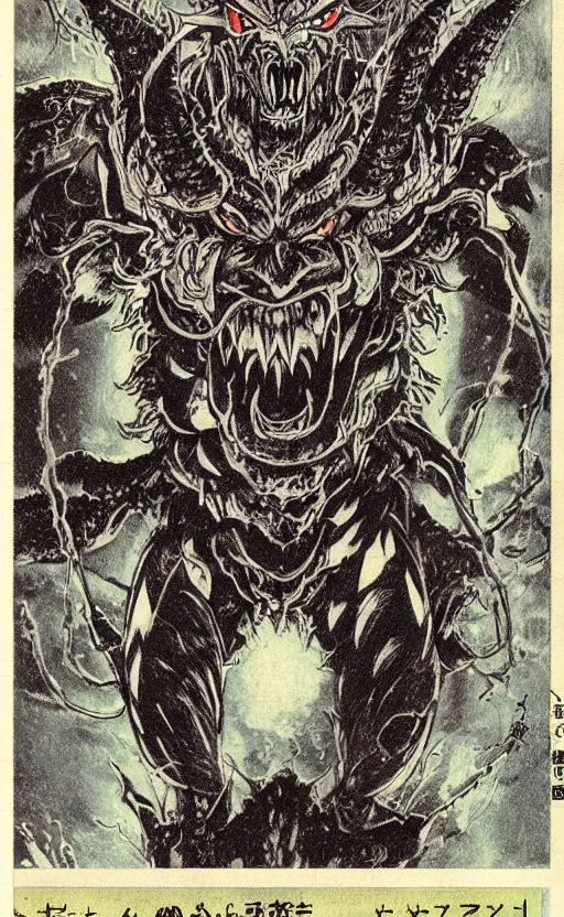 Image similar to by akio watanabe, manga art, japanese demon monster, oni horns, trading card front