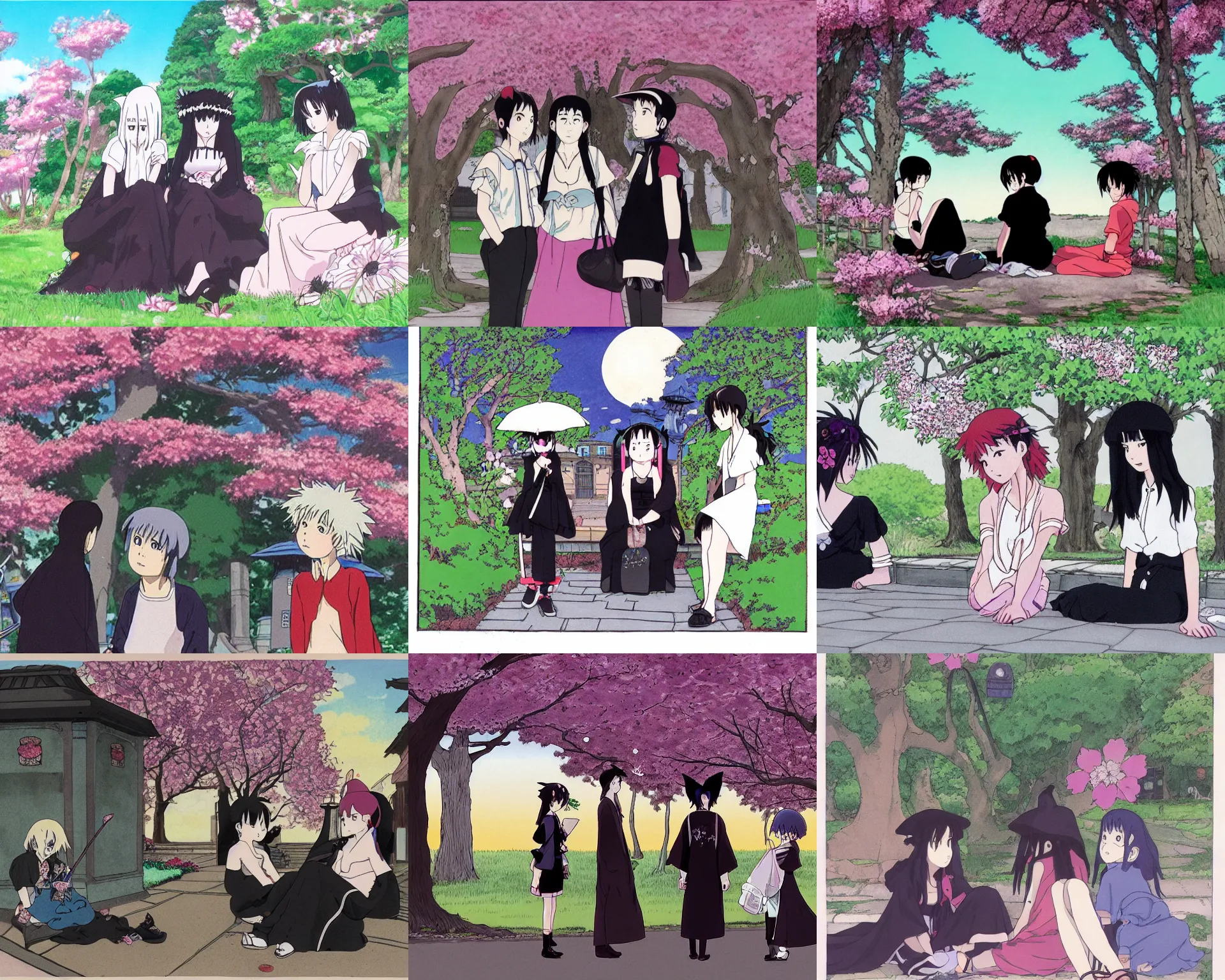 Prompt: art by studio ghibli. three goths loitering in the shade, talking beneath a cherry blossom outside a blockbuster video store.