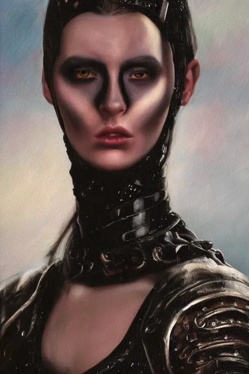 Image similar to hyperrealism oil painting, close - up portrait of european medieval brunette vampire fashion model, knight, steel gradient mixed with nebula sky, in style of baroque