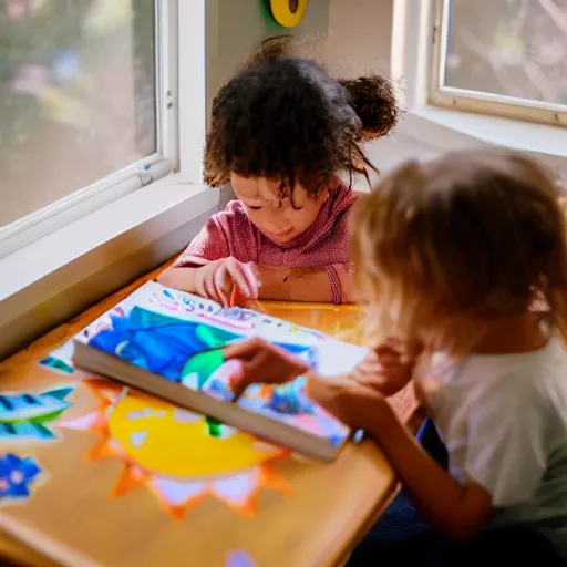 Prompt: Children\'s coloring book on top of a living room table, sun comes in through the window. 4k Canon ISO 1000