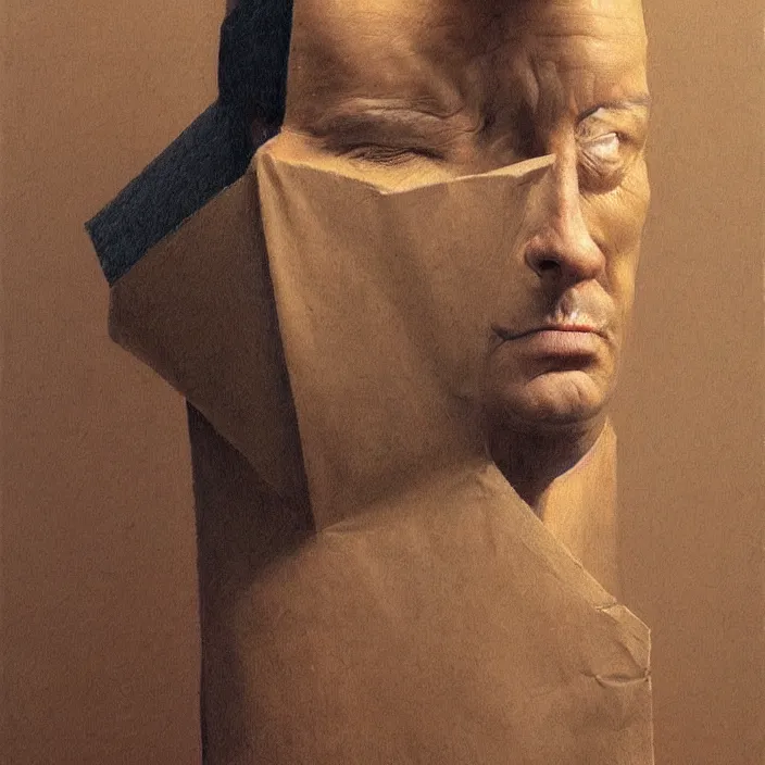 Image similar to man portrait with a paper bag over the head, highly detailed, artstation, art by zdislav beksinski, wayne barlowe, edward hopper