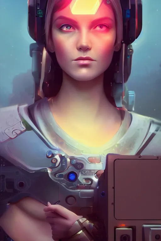 Prompt: goddess of technology, character art portrait, official media, illustrated by charlie bowater and ilya kushinov, extremely detailed, 8 k, trending on artstation, cinematic lighting, beautiful,
