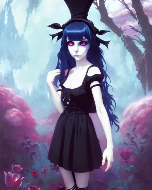 Image similar to portrait of cute goth alice from wonderland, anime key visual, by peter mohrbacher and ilya kuvshinov and wlop and makoto shinkai and studio ghibli