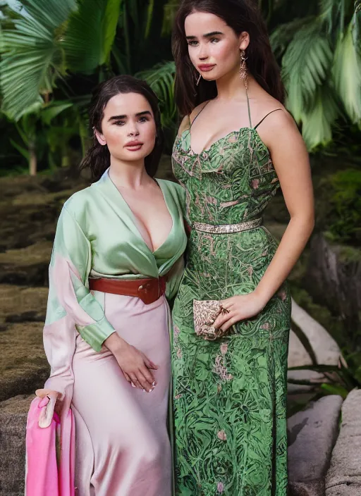 Prompt: portrait of demi rose and emilia clarke wearing green kebaya and pink silk belt, bali, by charlotte grimm, natural light, detailed face, beautiful features, symmetrical, canon eos c 3 0 0, ƒ 1. 8, 3 5 mm, 8 k, medium - format print,