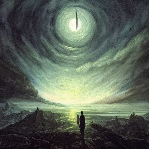 Prompt: H.P. Lovecraft, painting by Caspar David Friedrich, oil, high detail, trending on artstation