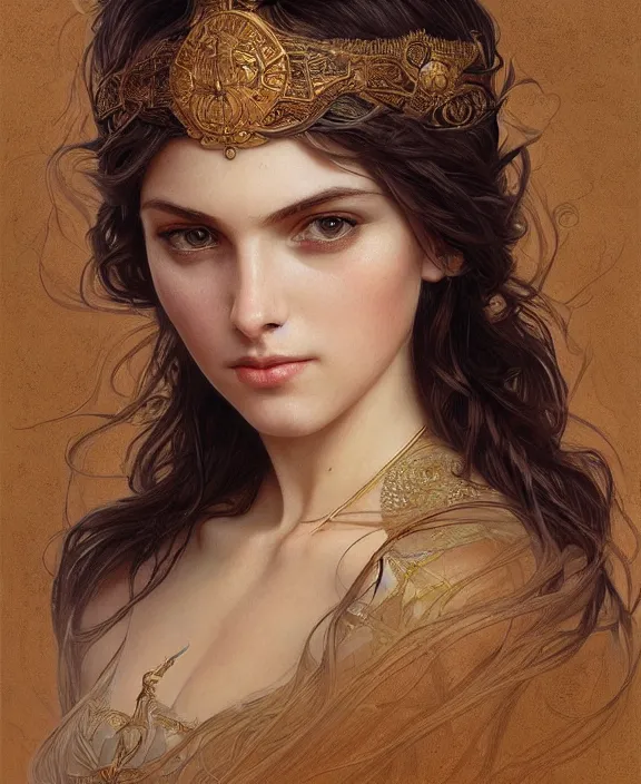 Prompt: portrait of a beautiful goddess, soft hair, half body, medieval, ornate, hairy, d & d, fantasy, intricate, elegant, highly detailed, digital painting, artstation, concept art, smooth, sharp focus, illustration, art by artgerm and greg rutkowski and alphonse mucha