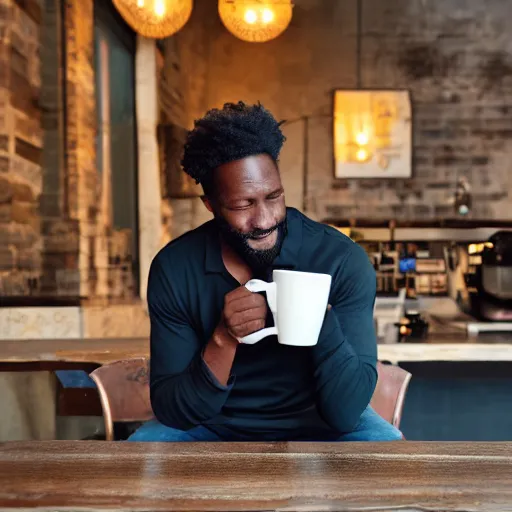 Prompt: a black man drinking a coffee, ( sony a 7 r iv, symmetric balance, polarizing filter, photolab, lightroom, 4 k, dolby vision, photography award, picturesque ) warm lighting, 2 7 0 0 k,