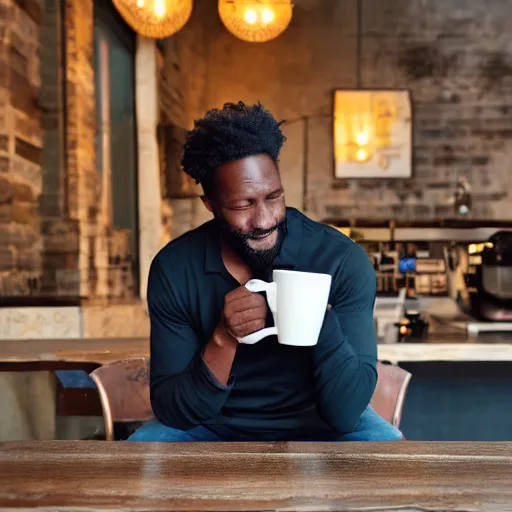 Image similar to a black man drinking a coffee, ( sony a 7 r iv, symmetric balance, polarizing filter, photolab, lightroom, 4 k, dolby vision, photography award, picturesque ) warm lighting, 2 7 0 0 k,