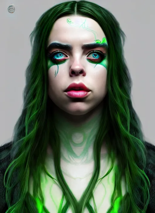 Image similar to Billie Eilish as Female Loki, Goddess of Mischief, beautiful facial symmetry, olive skin color, hyper realistic, hyper detail, very detailed, digital art, trending on artstation, smooth render, 8k octane render,