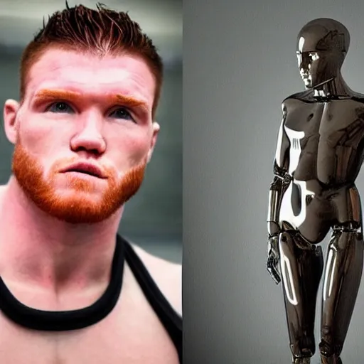 Image similar to “a realistic detailed photo of a guy who is an attractive humanoid who is half robot and half humanoid, who is a male android, boxer Canelo Álvarez, shiny skin, posing like a statue, blank stare”