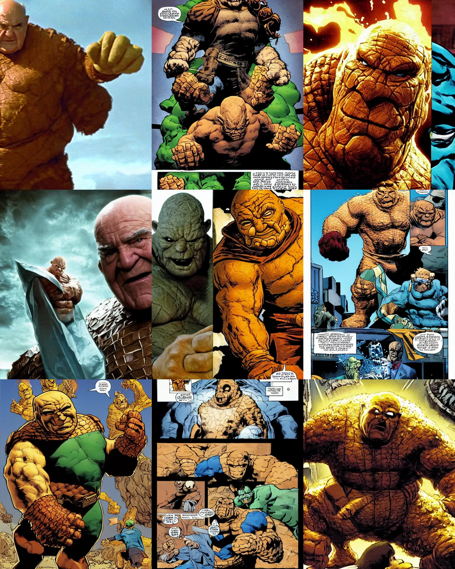 Prompt: Ed Asner starring as Ben Grimm, The Thing from The Fantastic Four Movie, battles the Doctor Doom, Color, Modern