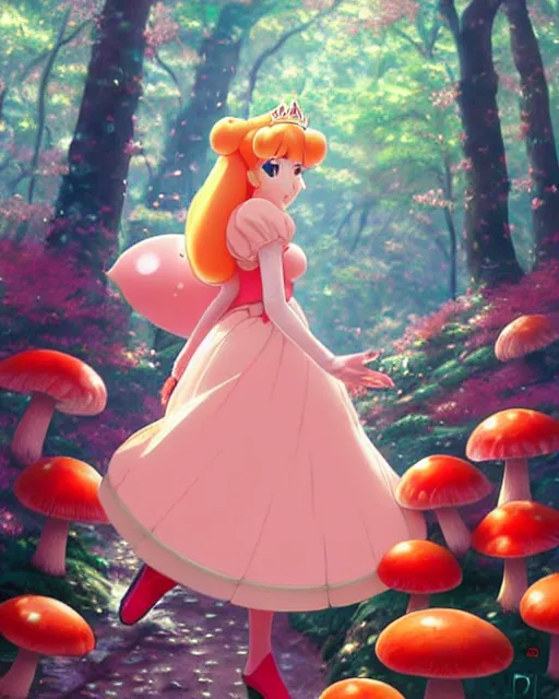Image similar to princess peach from mario walking through a red and white spotted mushroom forest | | very very anime!!!, fine - face, realistic shaded perfect face, fine details. anime. realistic shaded lighting poster by ilya kuvshinov katsuhiro otomo ghost - in - the - shell, magali villeneuve, artgerm, jeremy lipkin and michael garmash and rob rey