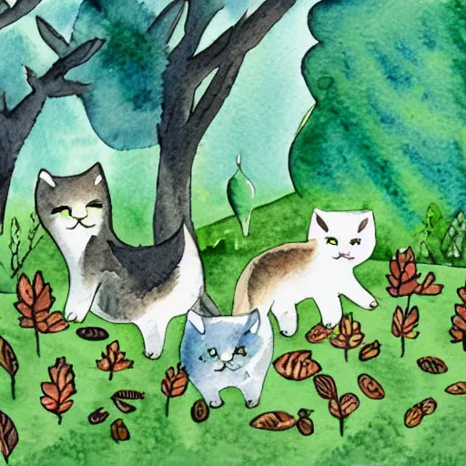 Image similar to tiny watercolour cats wandering through a forest into the distance illustration