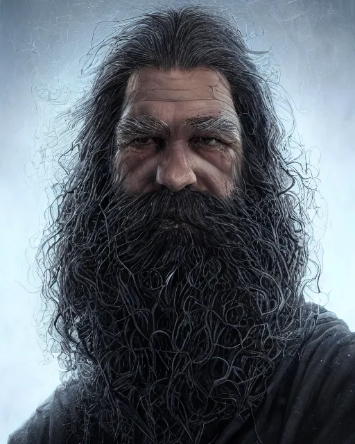 Image similar to portrait of a 6 0 - year - old giant man with long tangles of bushy black hair and beard hiding most of his face, wearing in black cloak, hyper realistic face, beautiful eyes, character art, art by mark brooks, hyperdetailed, cryengine, trending on artstation, digital art