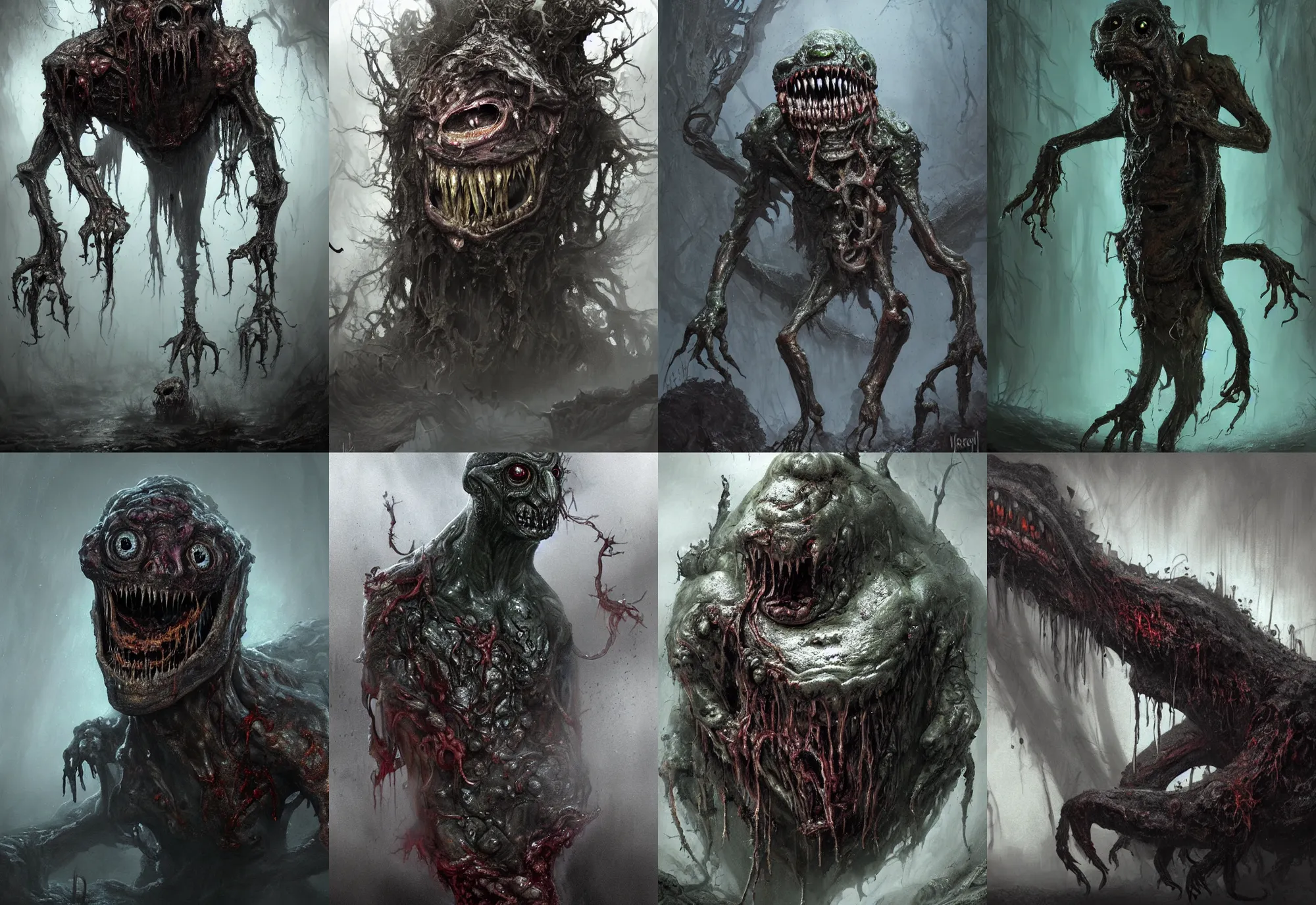 Prompt: a nightmarish slimy monster, with black eyes, bubbling skin, rotting flesh, exposed bone, emerging from the fog, by jerad marantz, concept art, dramatic lighting, highly detailed digital painting