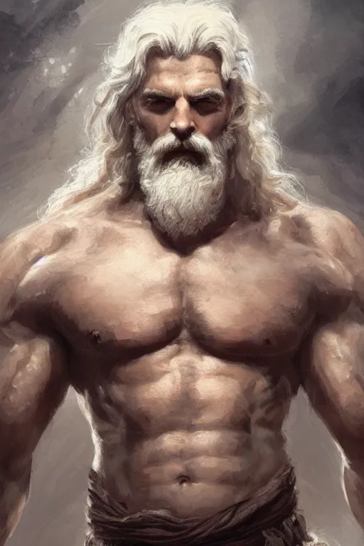 Prompt: painted portrait of rugged zeus, god of thunder, greek god, white hair, masculine, mature, handsome, upper body, muscular, hairy torso, fantasy, intricate, elegant, highly detailed, digital painting, artstation, concept art, smooth, sharp focus, illustration, art by gaston bussiere and greg rutkowski