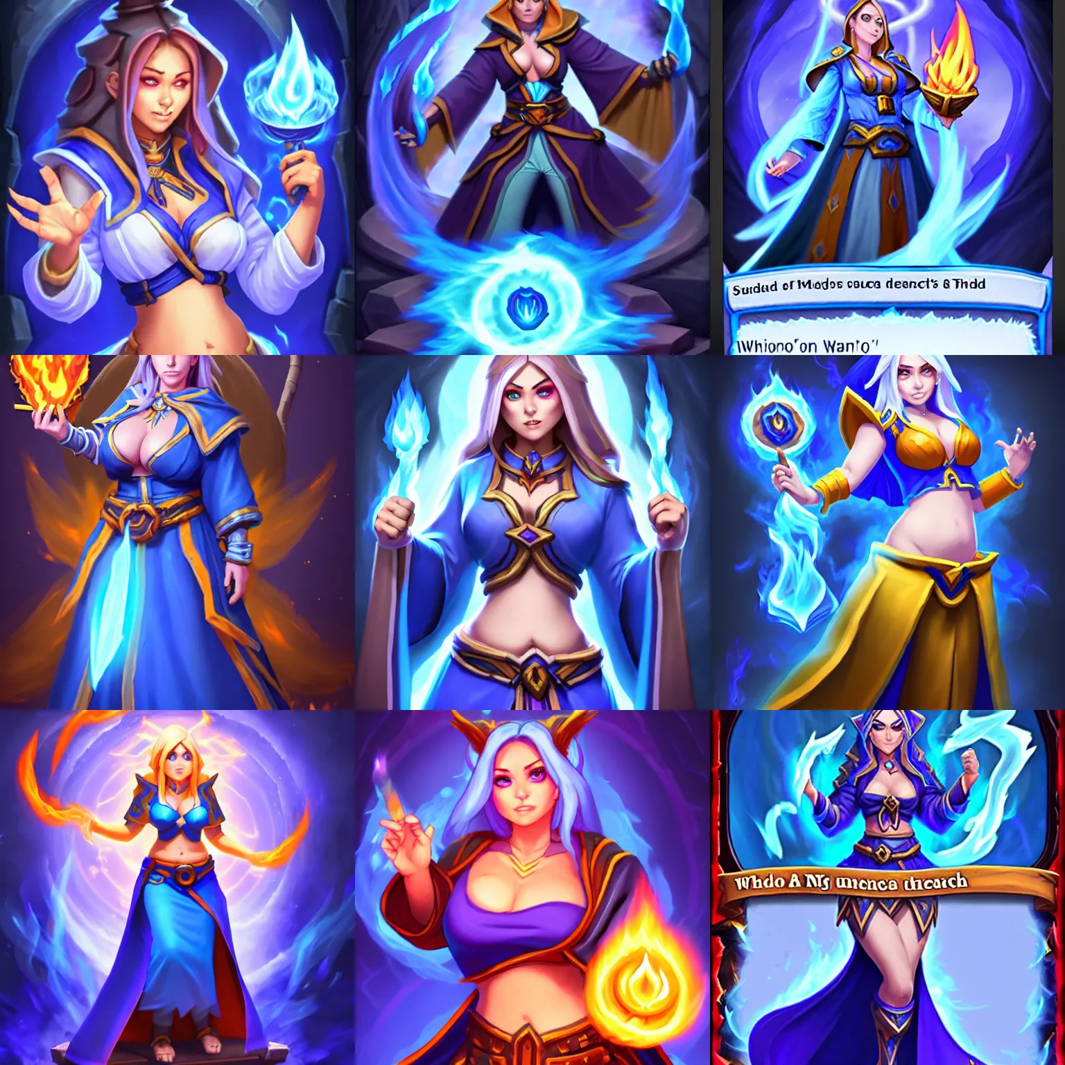 Prompt: Who : a female mage with a blue robe casting a fire spell; Physical : tinyest midriff ever, largest haunches ever, fullest body, small head, SFW huge breasts, thight clothes; Mega important : Hearthstone official splash art, SFW, perfect master piece, award winning