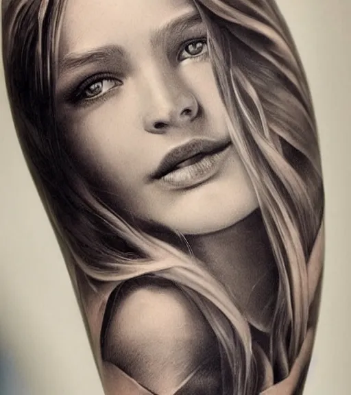 Image similar to a beautiful girl portrait at amazing nature and mountains, realism tattoo, in the style of den yakovlev, black and white, hyper realistic, highly detailed