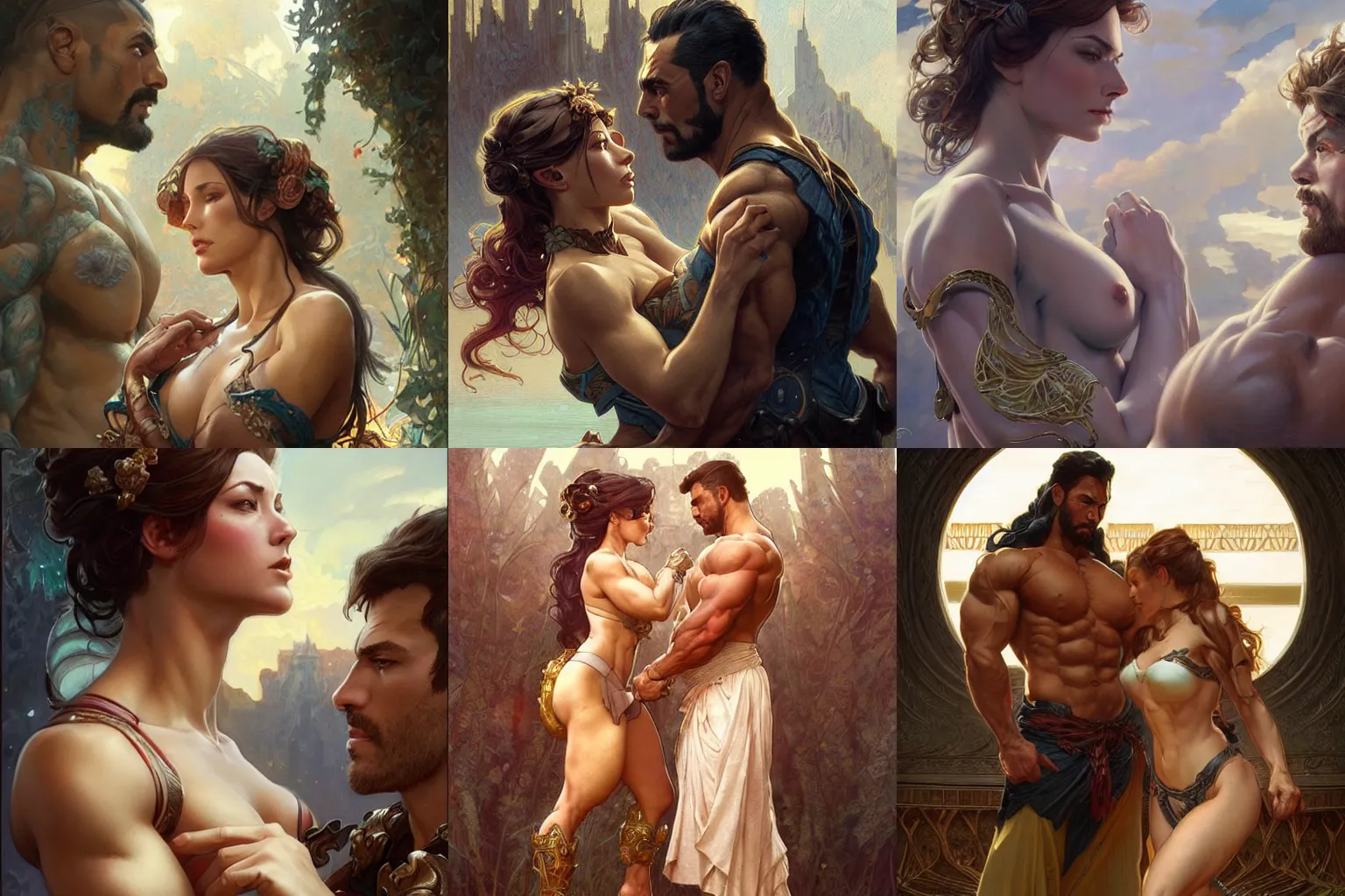 Prompt: a beautiful woman and a muscular man looking at each other, fantasy, intricate, elegant, highly detailed, digital painting, artstation, concept art, smooth, sharp focus, illustration, art by artgerm and greg rutkowski and alphonse mucha