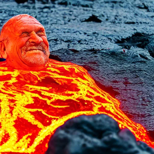 Image similar to elderly man swimming in a lava flow, smiling, happy, volcano, hot, eruption, magma, lava, canon eos r 3, f / 1. 4, iso 2 0 0, 1 / 1 6 0 s, 8 k, raw, unedited, symmetrical balance, wide angle