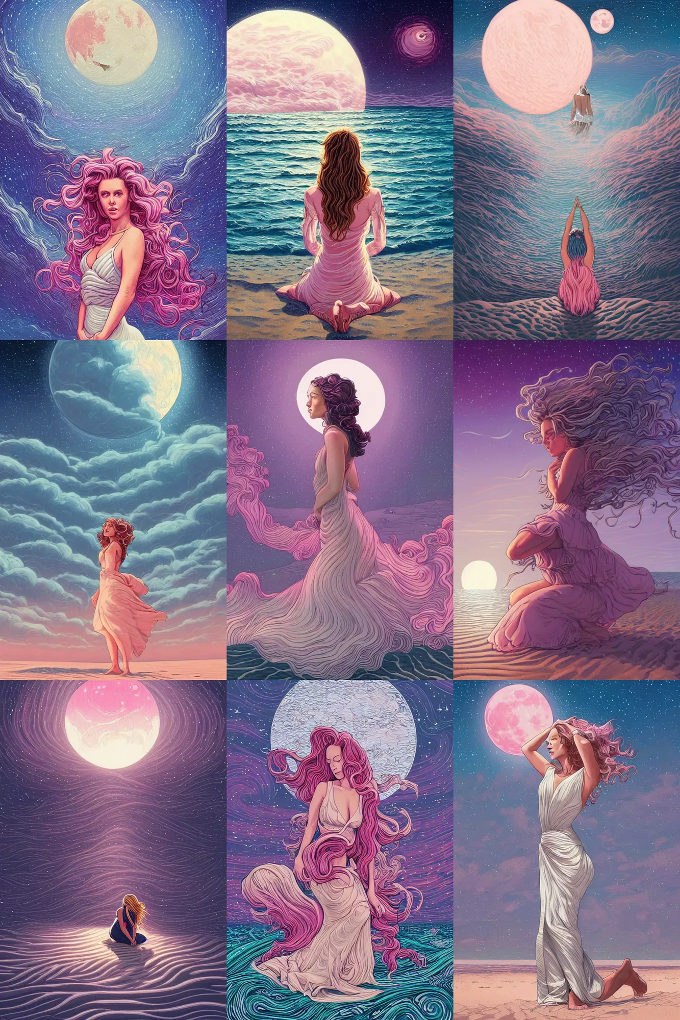 Prompt: woman kneeling on the sand, pink wavy hair, white dress, big moon in the sky, starry night, digital art by Dan Mumford and Peter Mohrbacher, highly detailed, trending on ArtStationHQ