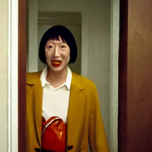 Image similar to ceo of binance changpeng zhao as shelley duvall in the iconic shining movie door axe