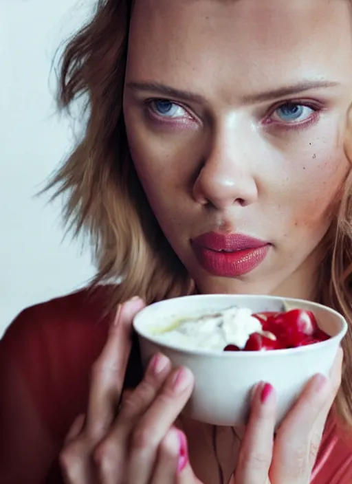 Image similar to scarlett johansson looking at the camera while about to eat yogurt, sadly the container exploded and the yogurt is all over her face. real photo, photoshooting, studio light, black background, intricate, epic lighting, cinematic composition, hyper realistic, 8k resolution, unreal engine 5