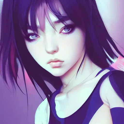 Image similar to a beautiful young japanese billie eilish kat dennings alluring instagram model in elaborate latex tank top, by guweiz and wlop and ilya kuvshinov and artgerm and makoto shinkai and studio ghibli, symmetrical eyes, aesthetic, gorgeous, stunning, alluring, attractive, artstation, deviantart, pinterest, digital art