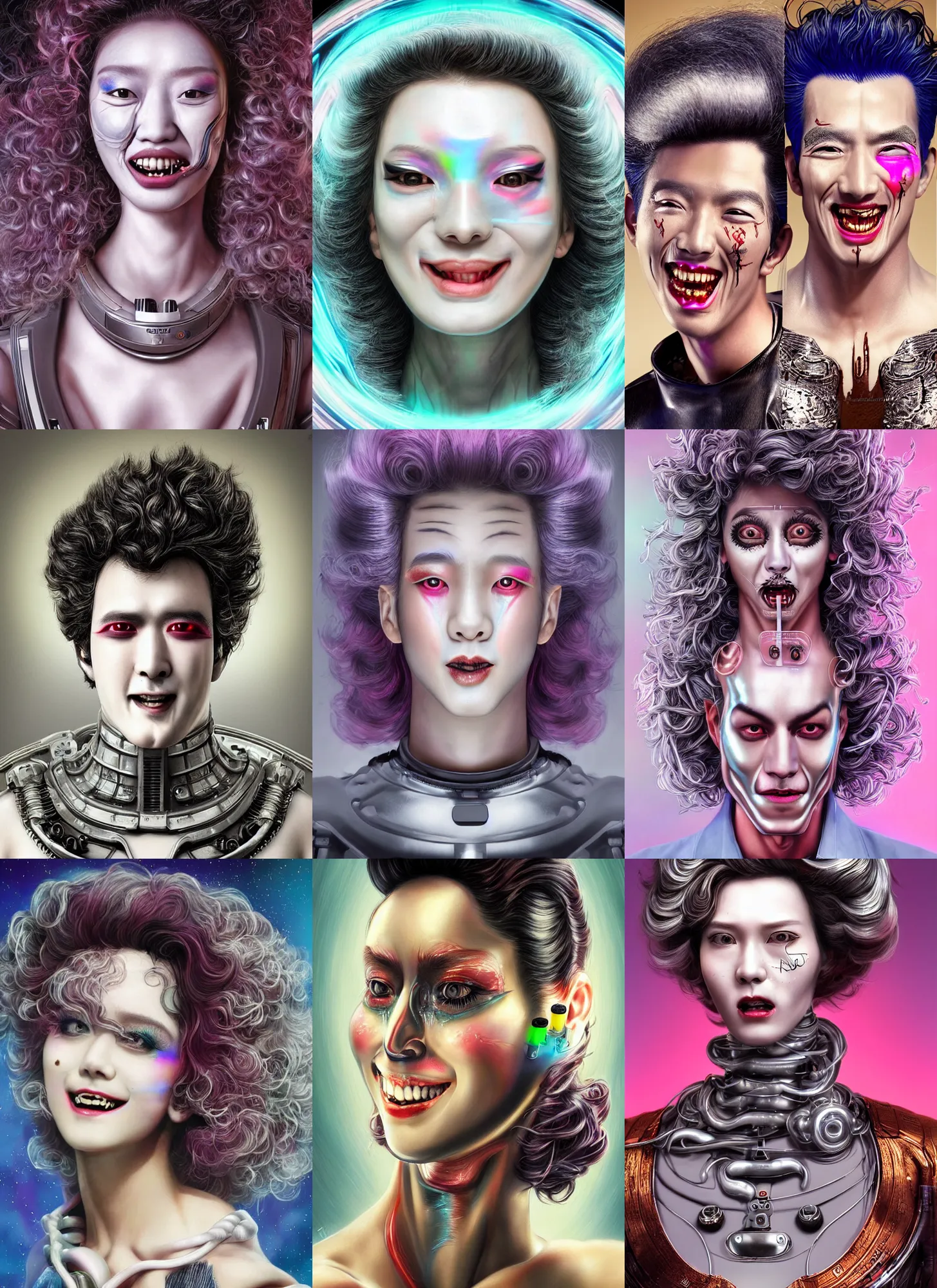 Prompt: korean roccoco android portrait with sci - fi makeup, chromatic skin, silver curly hair, eighties look, retro, beautiful lights, charging plug in the chest, vintage look, evil smile expression, depth of field, hyper realistic, illustration, airbrush, 8 k, intricate, duo tone, art by david la chapelle and philip castle, artgerm