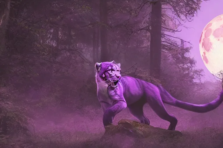 Prompt: a purple colored panther roaring in a forest during the night, large moon in the center. high quality render. illustration. 4 k. render. photoreal. highly detailed. artstation. realistic. dramatic. darkness. moon.