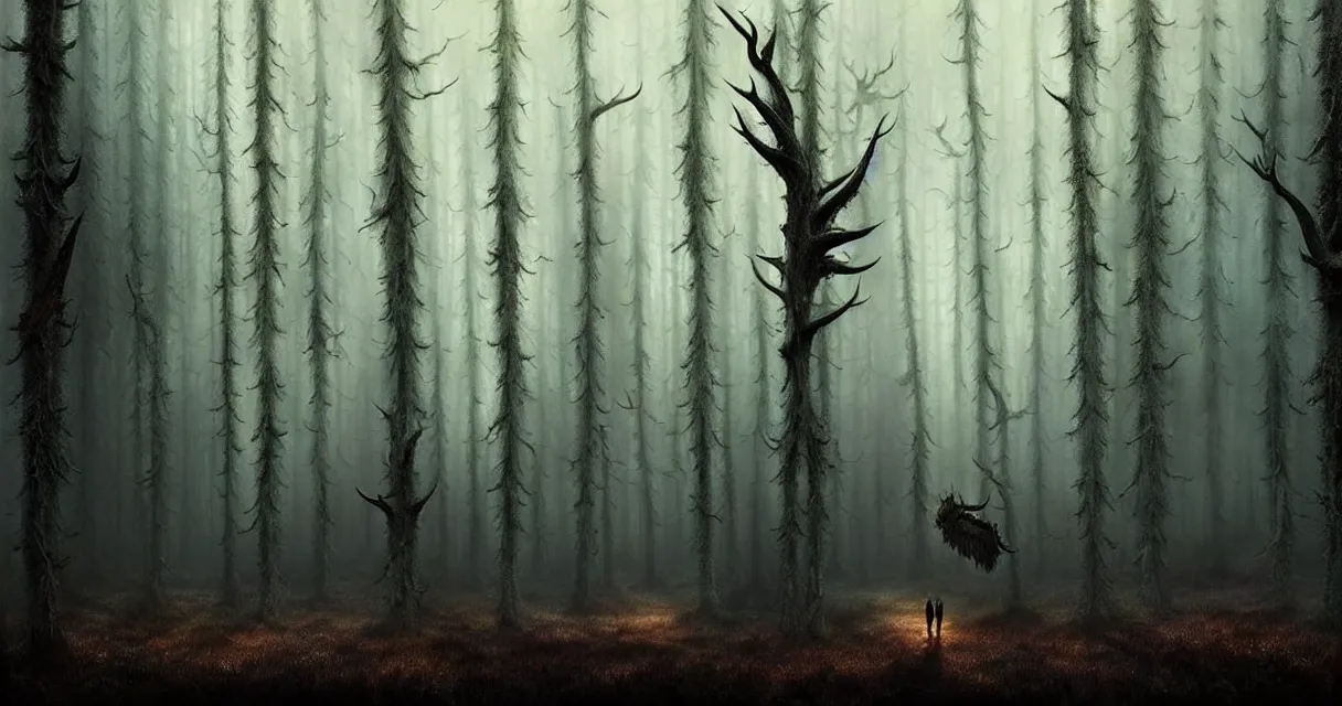 Image similar to epic professional digital art of startling hungry foreboding forest, faint golden moody atmospheric lighting, painted, intricate, detailed, detailed, foreboding, by leesha hannigan, wayne haag, reyna rochin, ignacio fernandez rios, mark ryden, iris van herpen,, epic, stunning, gorgeous, much wow, cinematic, masterpiece.