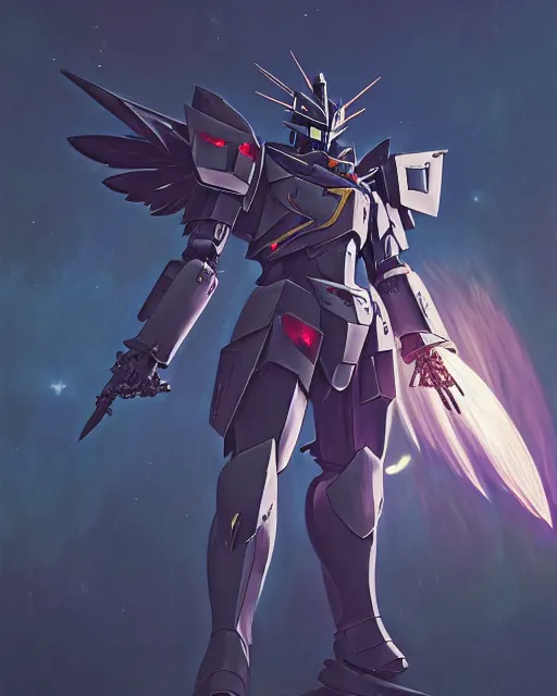 Image similar to highly detailed vfx portrait of an dark souls gundam with wings of feathers beam saber fighting in space with a beam gun, unreal engine, greg rutkowski, loish, rhads, beeple, makoto shinkai and lois van baarle, ilya kuvshinov, rossdraws, tom bagshaw, alphonse mucha, global illumination, detailed and intricate environment