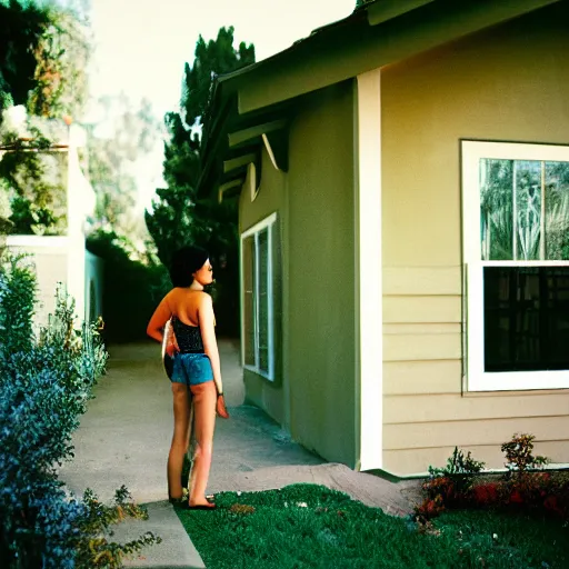 Prompt: an analog portrait photograph of a woman outside hersuburban california house, portrait, zeiss 3 5 mm lens, kodak portra 4 0 0 film photography, photograph head and shoulders portrait