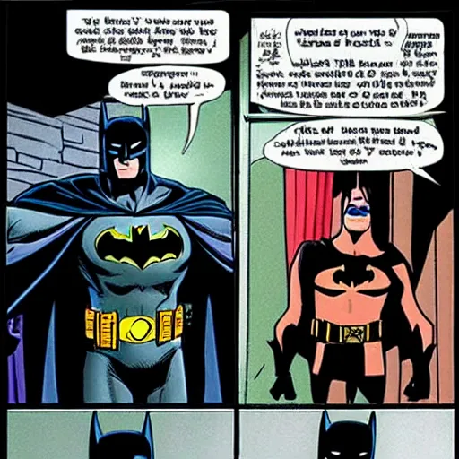 Prompt: Batman is just three kids in a trenchcoat