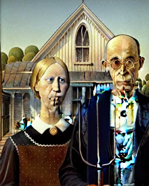 Prompt: American Gothic by Grant Wood painted by Hieronymus Bosch