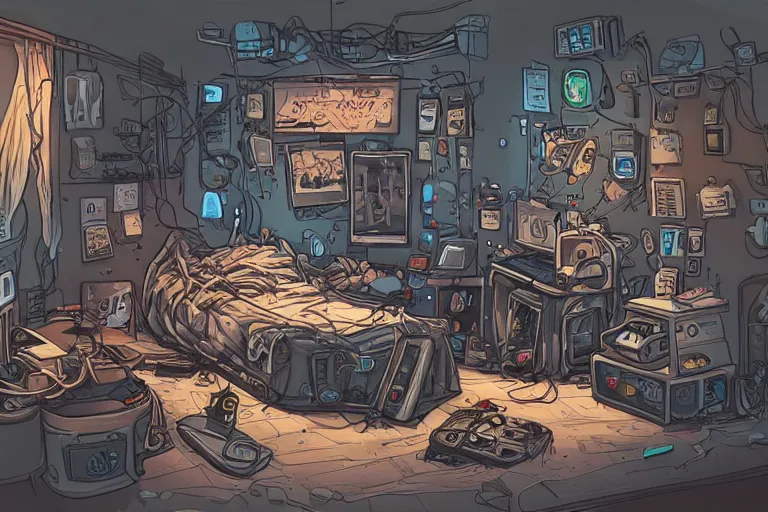 Image similar to a highly detailed illustration of a messy gamer's bedroom, tangled wires, dim lights, messy bed, a sink, cyberpunk, dystopian,