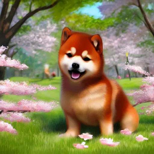 Image similar to hyper realistic cute fluffy shiba inu plays under the cherry blossom tree, highly detailed, digital painting, artstation, concept art, movie still, smooth, sharp focus uhd 8 k