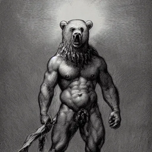 Prompt: full body grayscale drawing by Gustave Dore of muscled humanoid bear beast in heroic pose, swirling flames in background