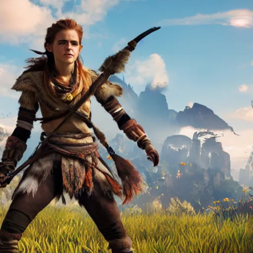 Prompt: emma watson as aloy from the new horizon zero dawn movie, movie still, 8 k, realistic