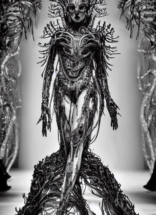 Prompt: walking down the catwalk, ben watts, show, stage, vogue photo, podium, fashion show photo, historical baroque dress dark, iris van herpen, beautiful woman, masterpiece, intricate, biopunk, vogue, full body shot, alien, plant predator, guyver, jellyfish, white biomechanical details, highly detailed