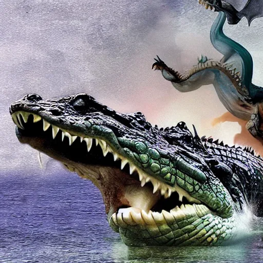 Prompt: a photoshop of a crocodile being eaten by a dragon