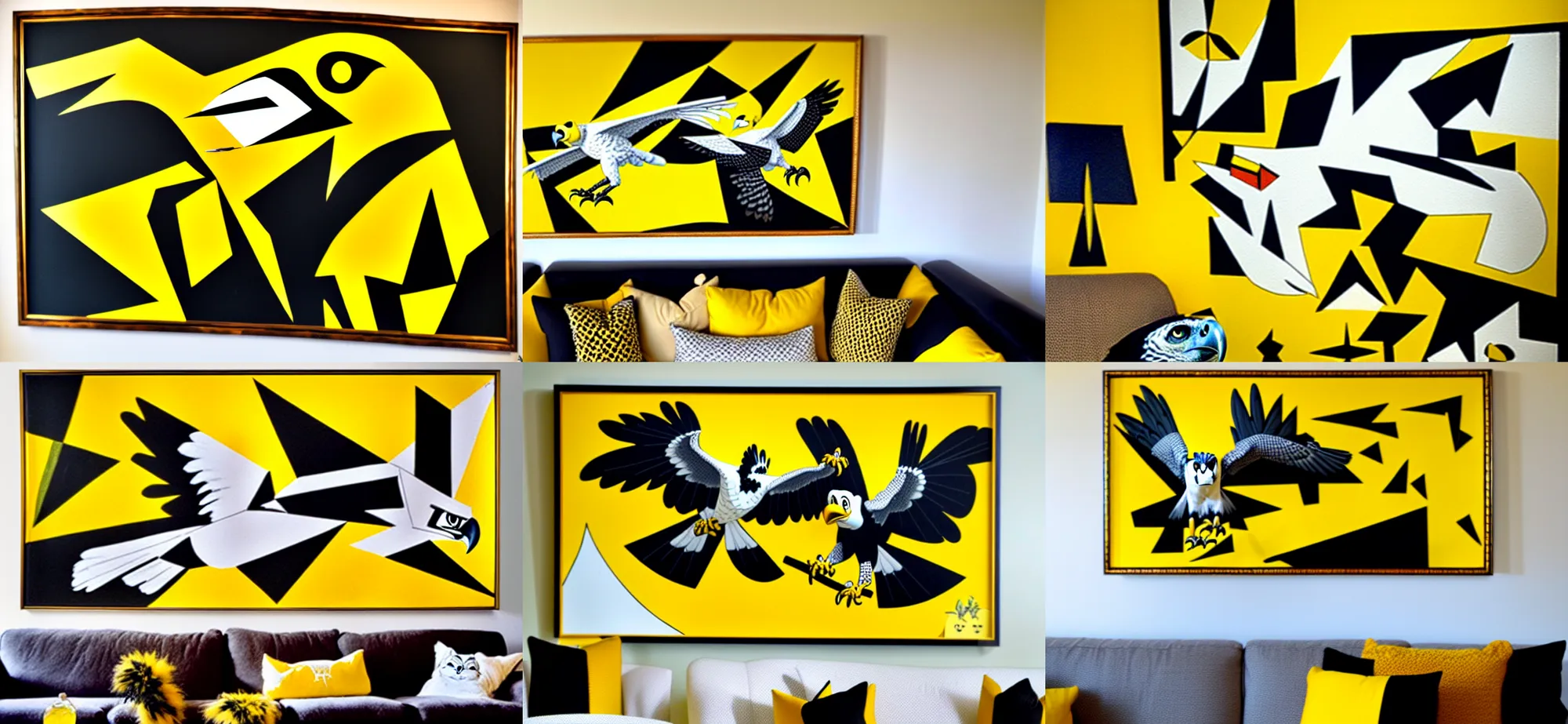 Prompt: action shot of harpy eagle, yellow and black framed painting hanging above couch, carl barks, cubism