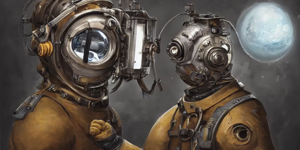 Image similar to highly detailed portrait painting of welder stallone in atmospheric diving suit, mono eyed, by eddie mendoza and tyler edlin, windows, 8 k resolution