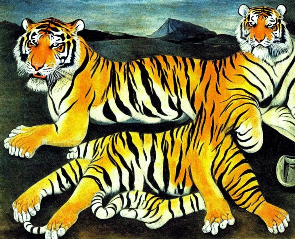 Prompt: achingly beautiful naturalist painting of one solitary tiger. picasso, dali. hermes.