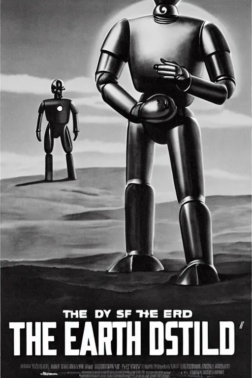 Image similar to the day the earth stood still 1 9 5 1 silver gort robot holding a black rifle gun, art work, uhd, sharp, detailed, cinematic 4 k