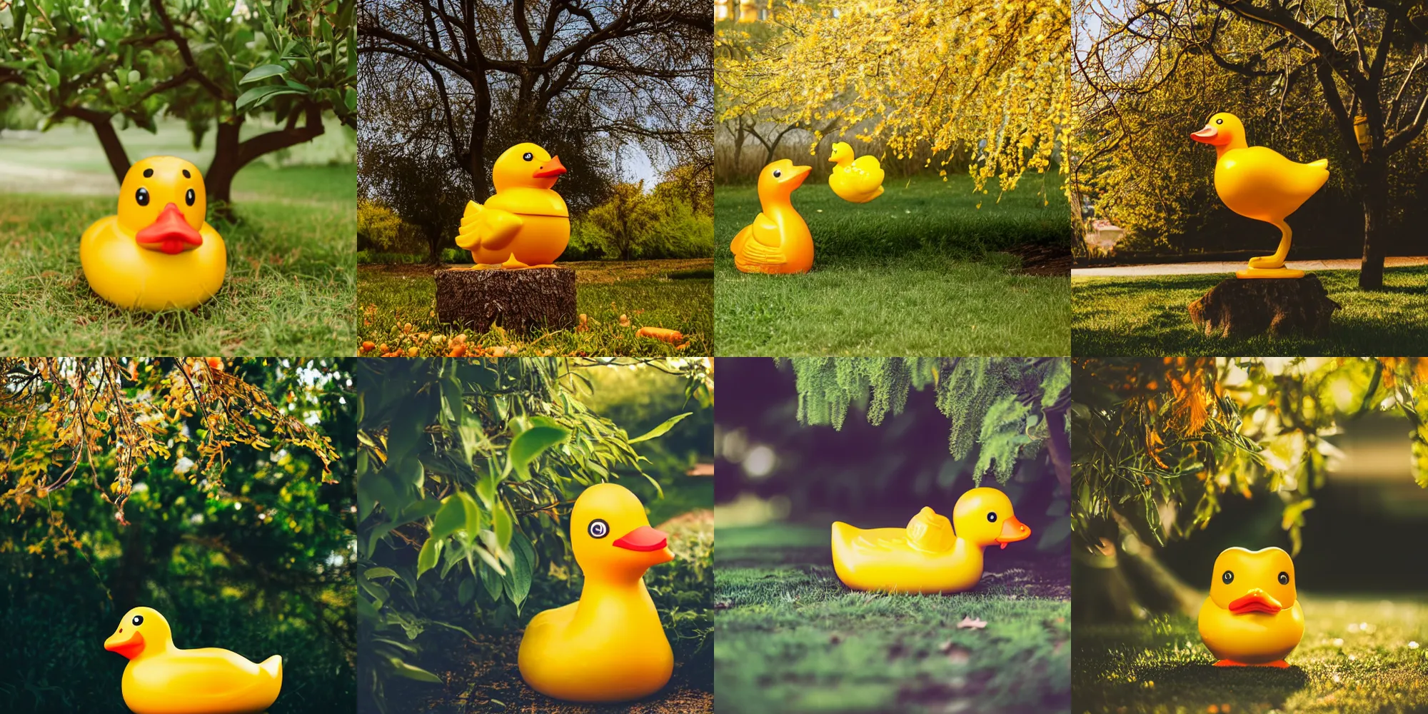 Prompt: a cute golden shining rubber ducky under an orange tree, high quality DSLR photography, professional photo of a golden rubber ducky