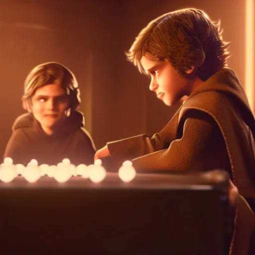 Image similar to Anakin Skywalker having a game night with the younglings in the temple at night, cinematic, realistic