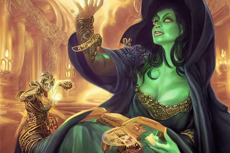 Image similar to a beautiful sorceress wearing a black robe with gold embroidery, sitting at table, casting a spell, green glows, painted by artgerm and boris vallejo, in the style of magic the gathering, highly detailed digital art