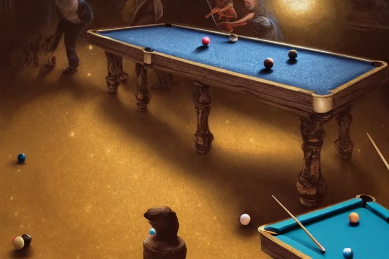 Image similar to a billiards table where the felt is made of galaxies, the balls are planets, matte painting, long shot, concept art, wide shot, digital art, trending on artstation, 4 k, extremely detailed, realistic, midday, warm colors, golden sunlight, by greg rutkowski, cinematic, epic