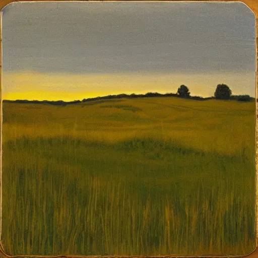 Image similar to “a soft prairie landscape during august, late afternoon, in the style of Andrew Wyeth”